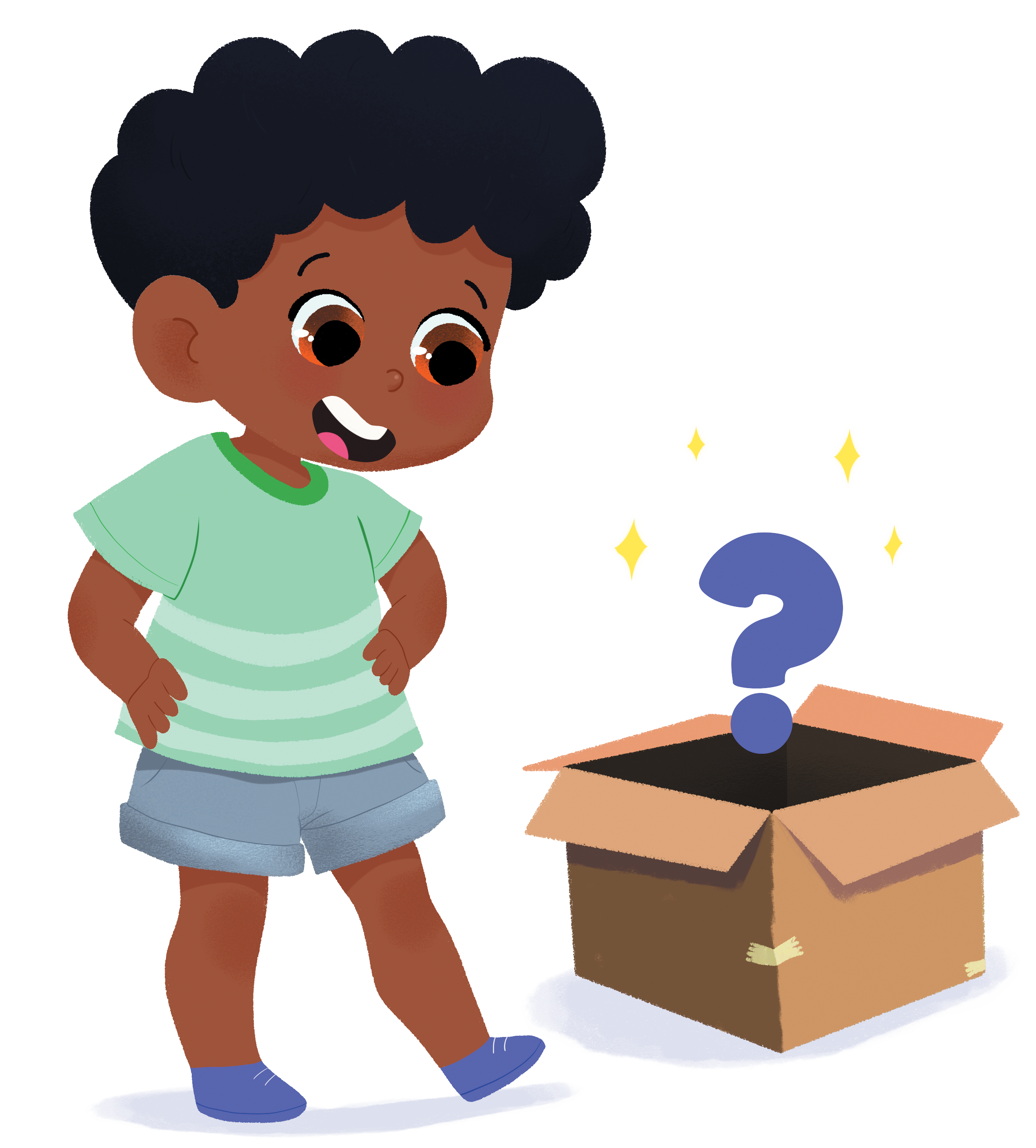 Menino curioso olha para caixa aberta com ponto de interrogação brilhante, expressão surpresa no rosto. Usa blusa com listras verdes. 