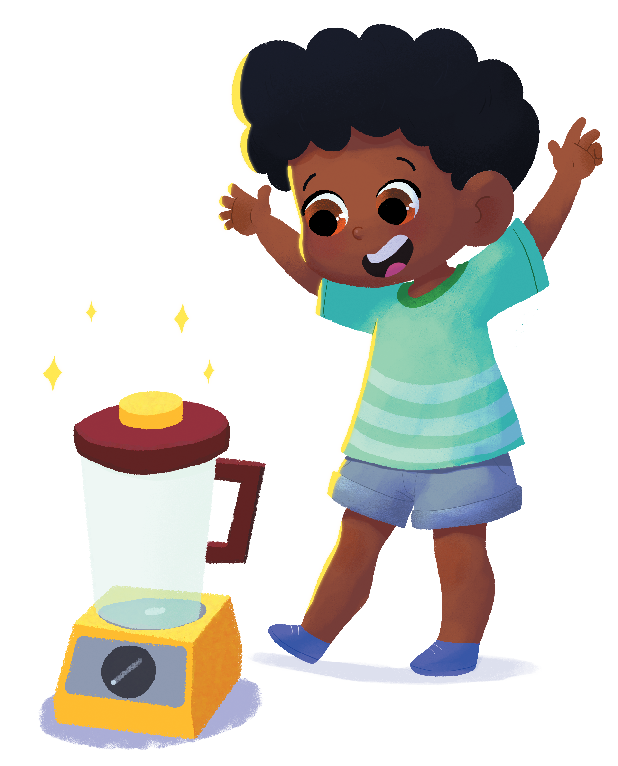 Menino animado com braços erguidos ao lado de um liquidificador brilhante, sorrindo alegremente.