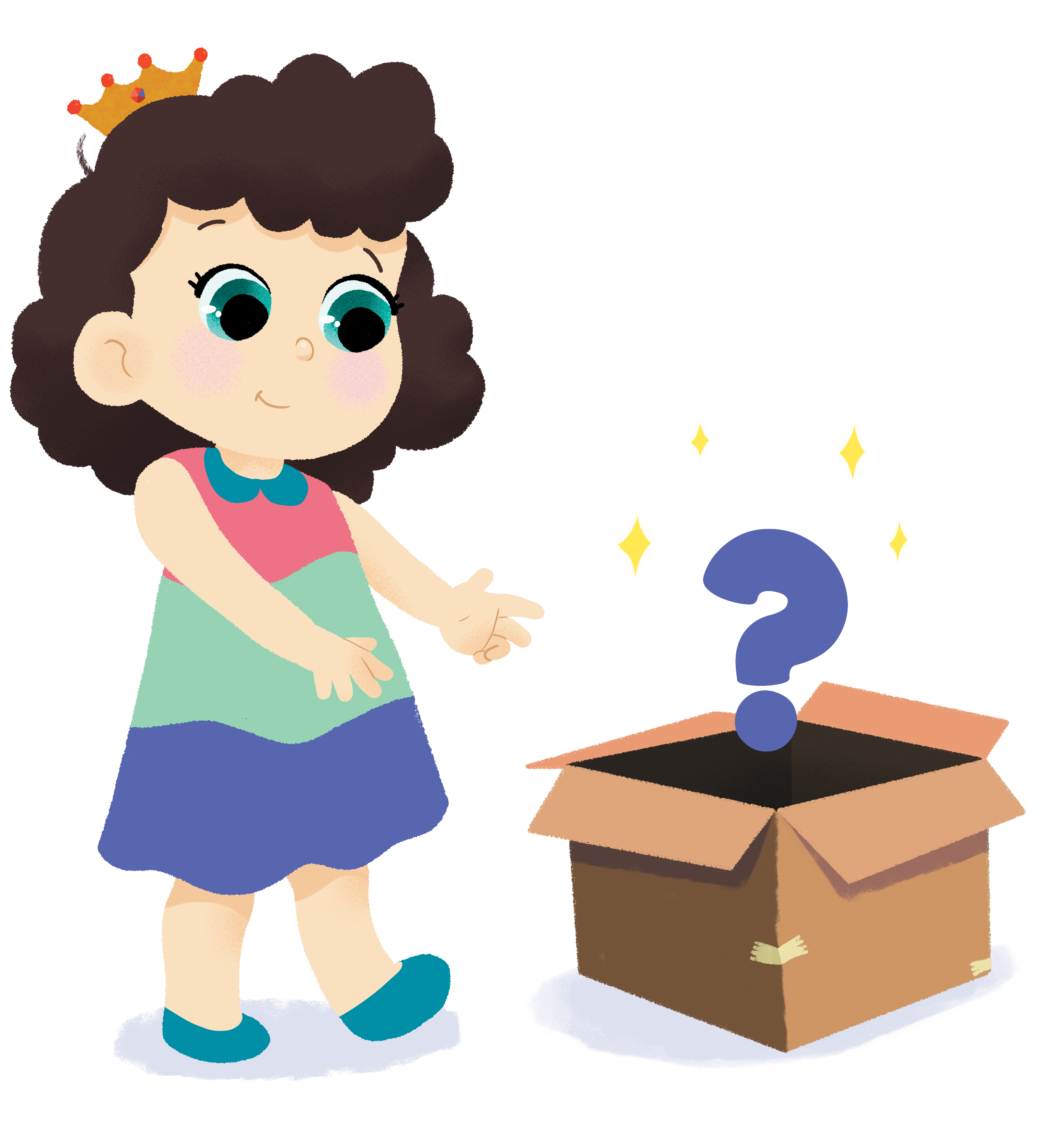 Menina com coroa e vestido colorido aponta curiosa para caixa aberta com ponto de interrogação brilhante flutuando acima.