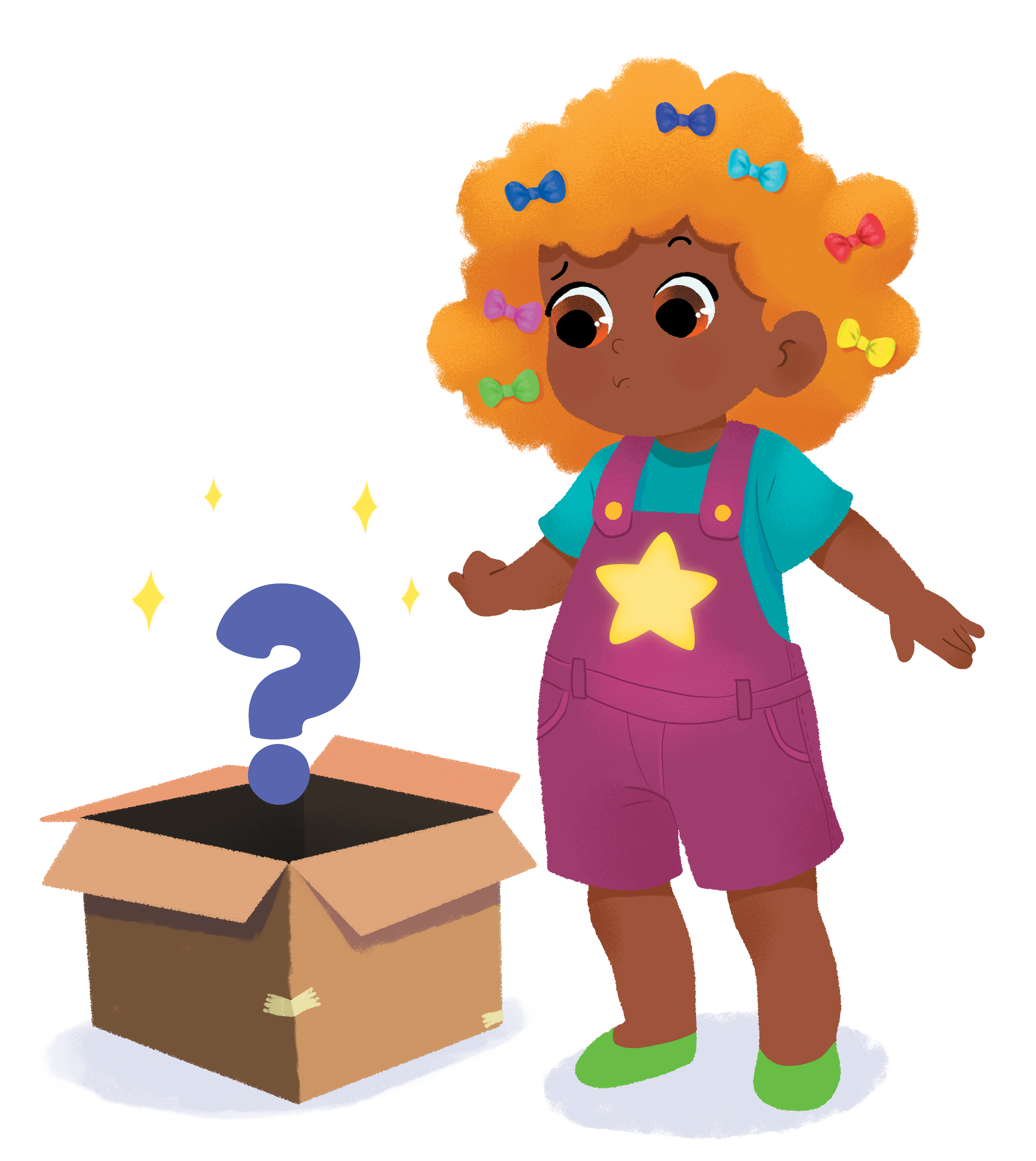 Menina de cabelo cacheado com laços coloridos olha curiosa para caixa com ponto de interrogação brilhante. Usa macacão roxo com estrela.