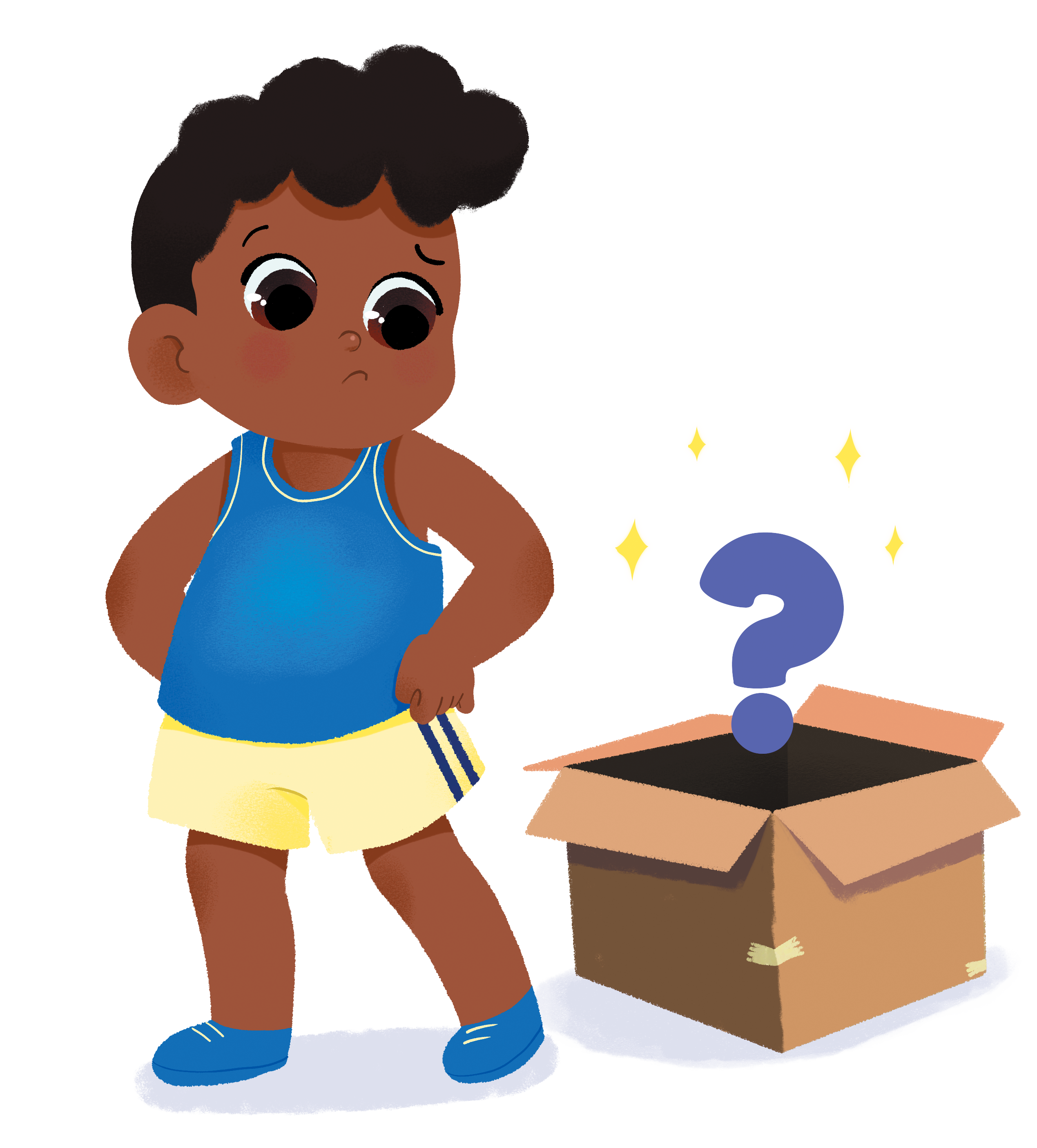 Menino curioso olha para caixa com ponto de interrogação brilhante. Veste camiseta regata azul e shorts amarelos.