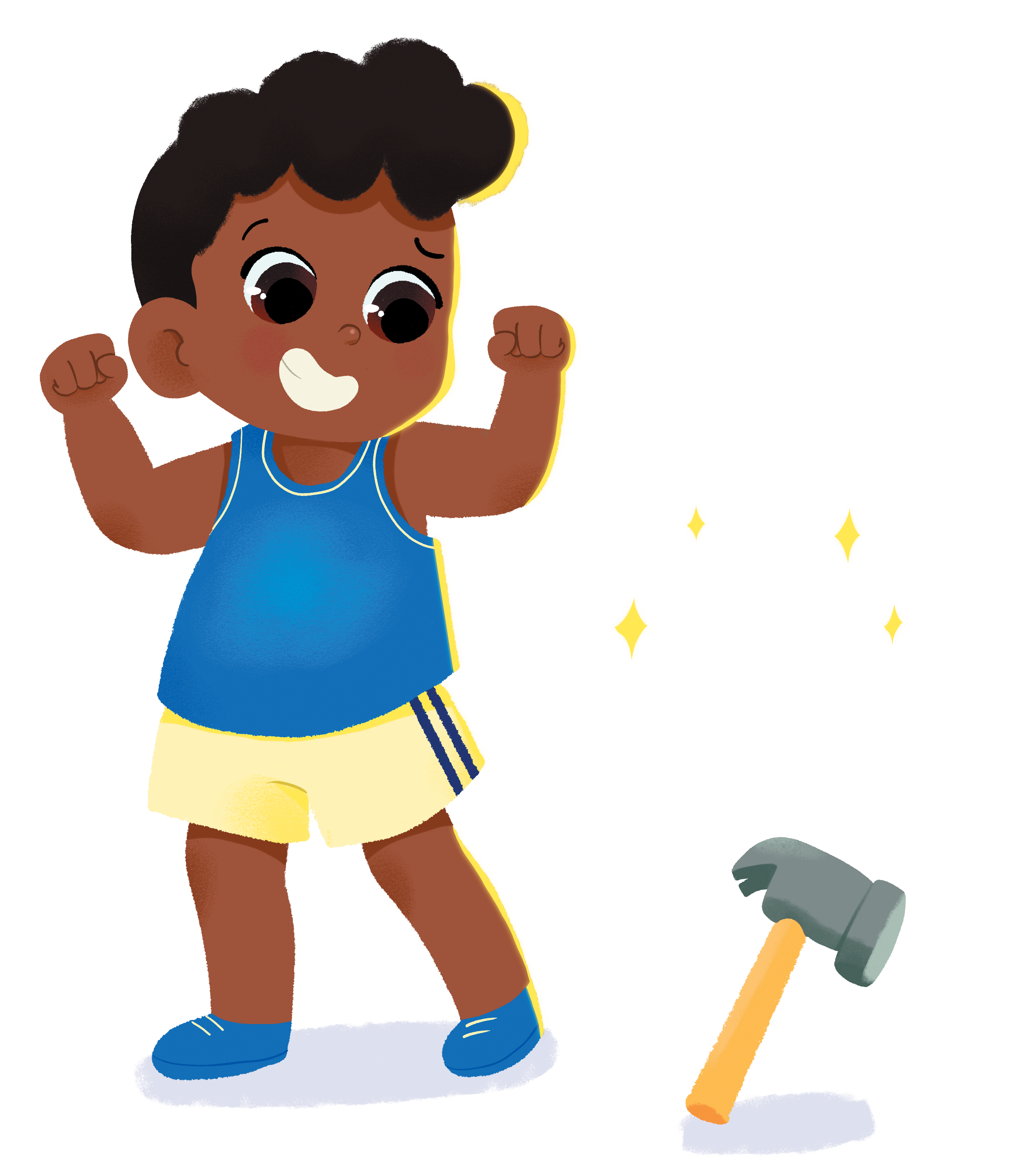 Menino animado ergue os braços em comemoração. Ao lado, está um martelo brilhante. Usa mesma roupa da imagem anterior.