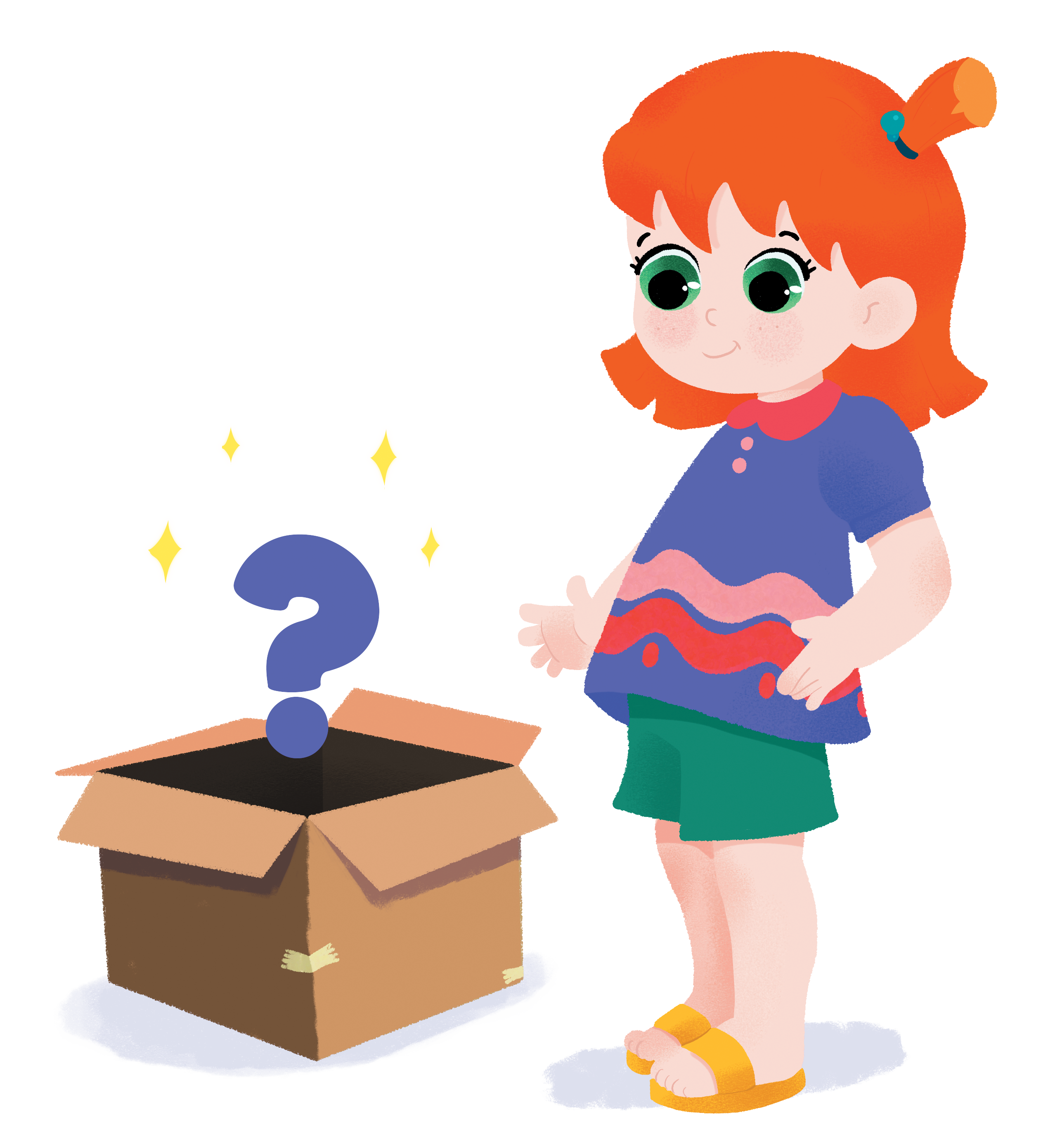 Menina ruiva curiosa olha para caixa aberta com ponto de interrogação brilhante. Usa roupa colorida e chinelos.