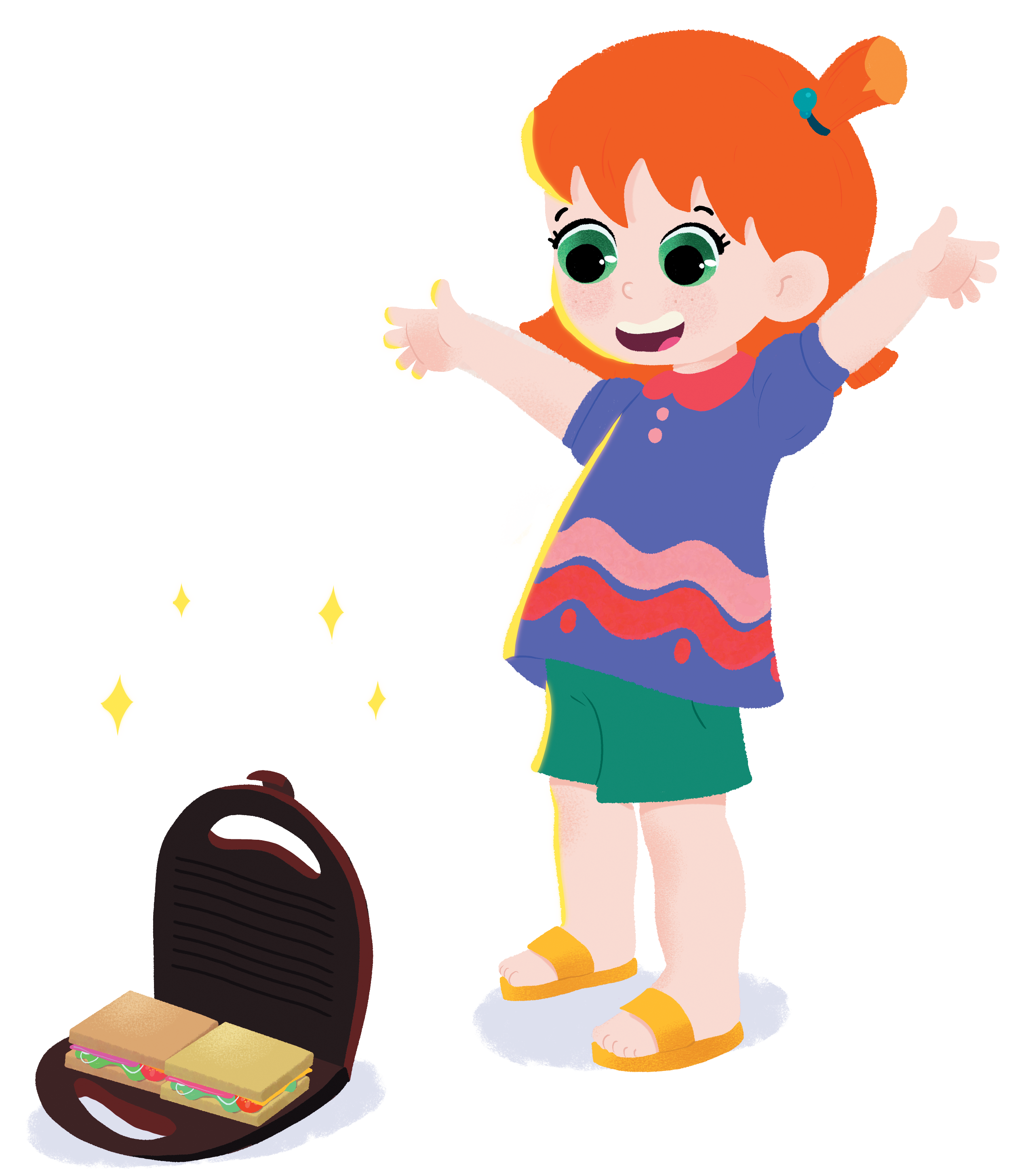 Menina ruiva animada de braços abertos. Ao lado, uma sanduicheira brilhante com sanduíches. Usa mesma roupa colorida da imagem anterior.
