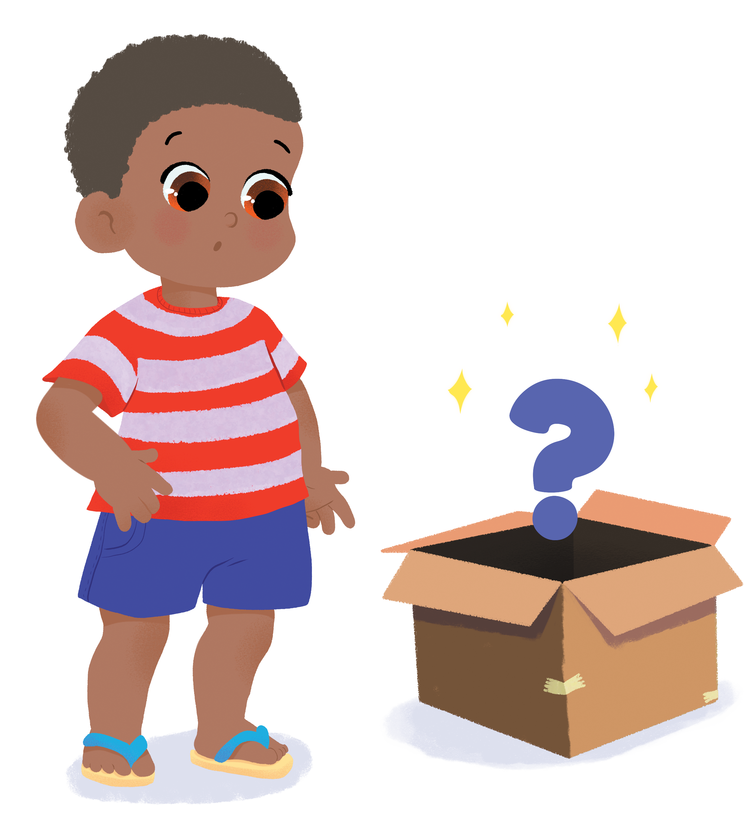 Menino de camiseta listrada olha curioso para caixa com ponto de interrogação brilhante. Usa shorts azuis e chinelos.