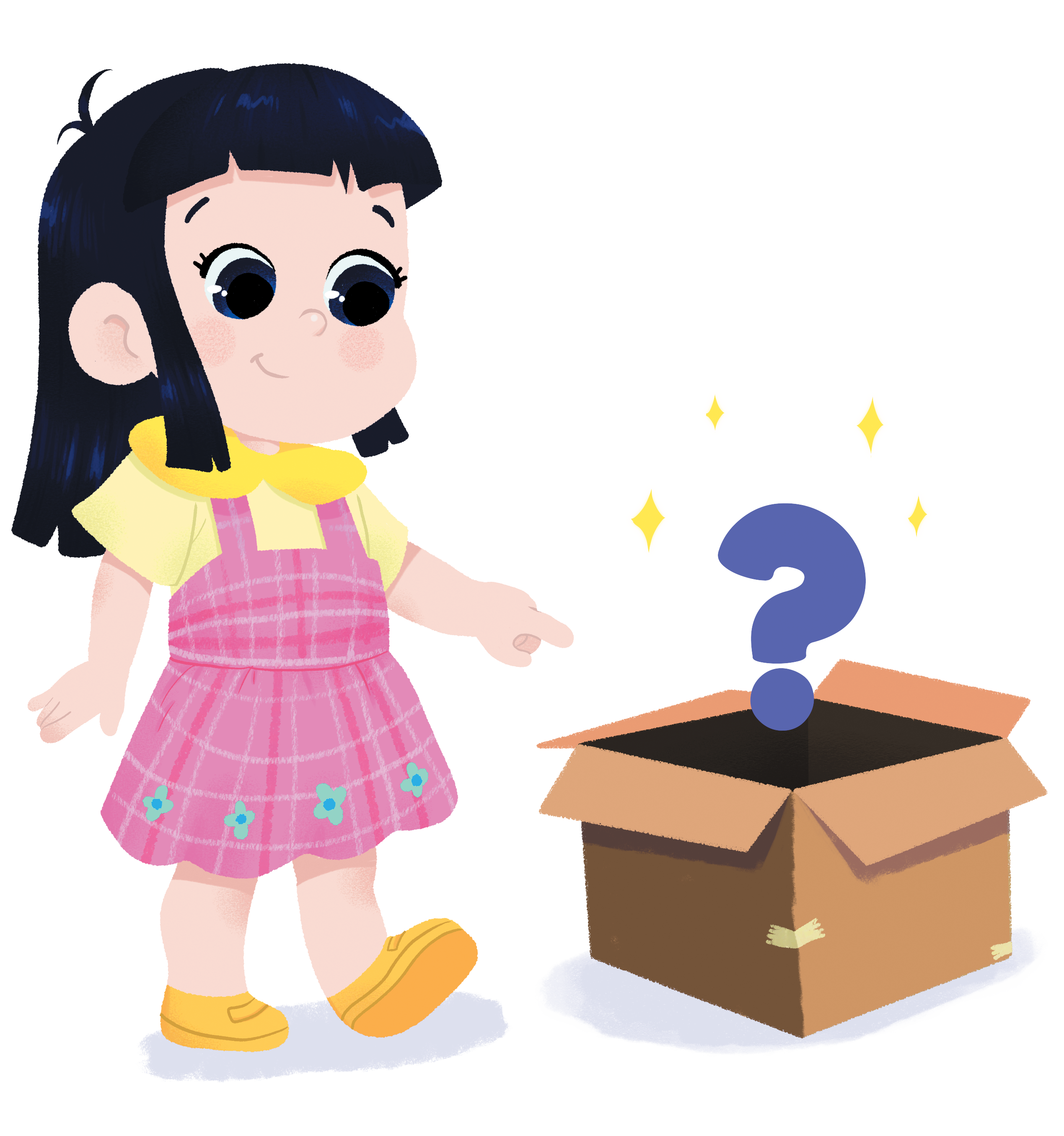Menina de cabelo preto olha curiosa para caixa aberta com ponto de interrogação brilhante. Ela usa vestido rosa xadrez e blusa amarela.
