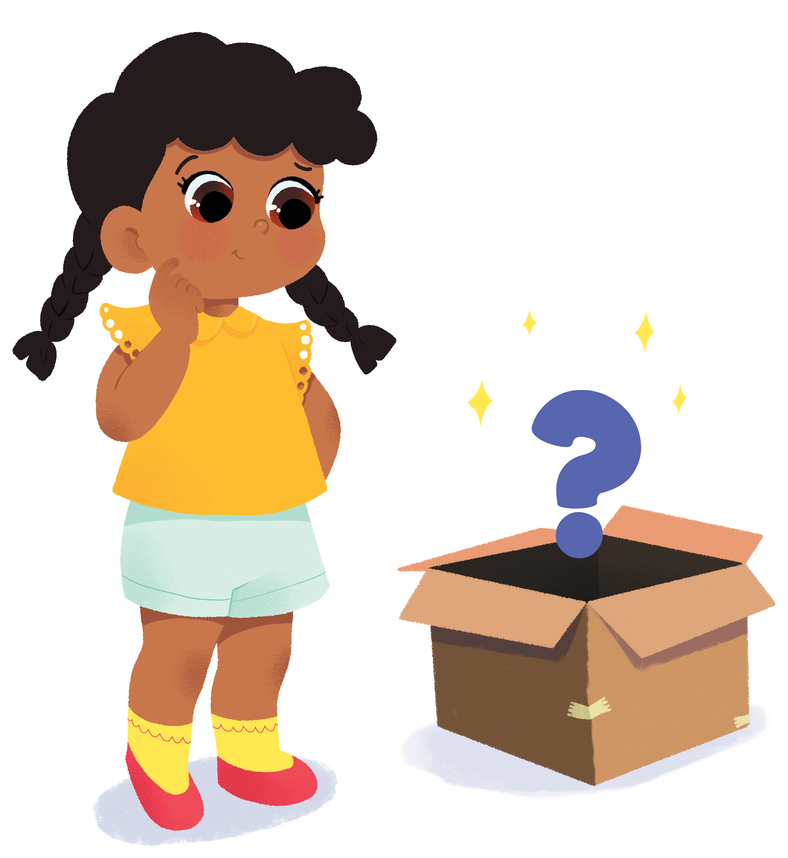 Menina de tranças olha curiosa para caixa com ponto de interrogação brilhante. Veste blusa amarela, shorts verde-água e meias coloridas.