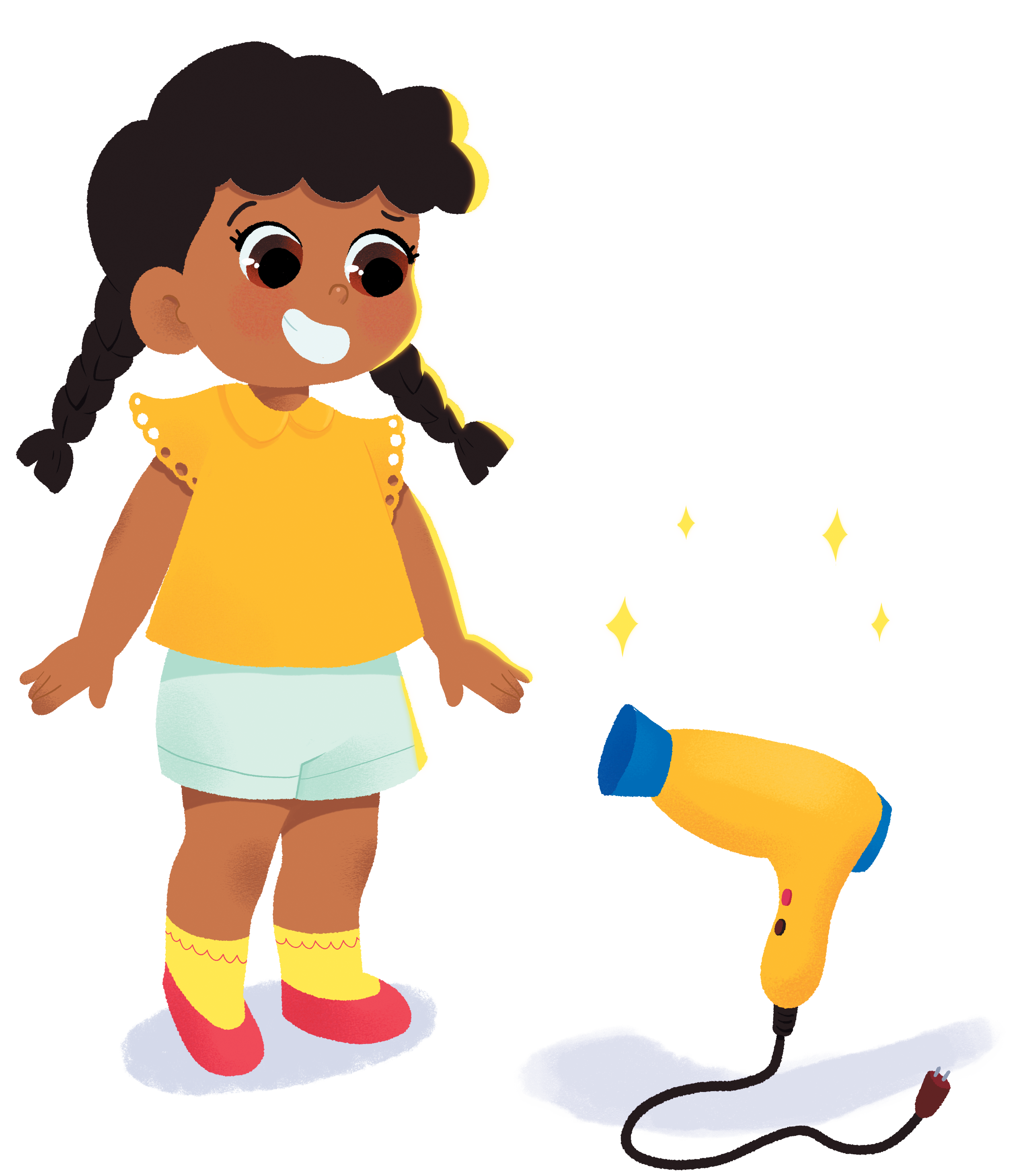 Menina de tranças sorri ao ver secador de cabelo amarelo brilhante. Veste a mesma roupa colorida da imagem anterior.
