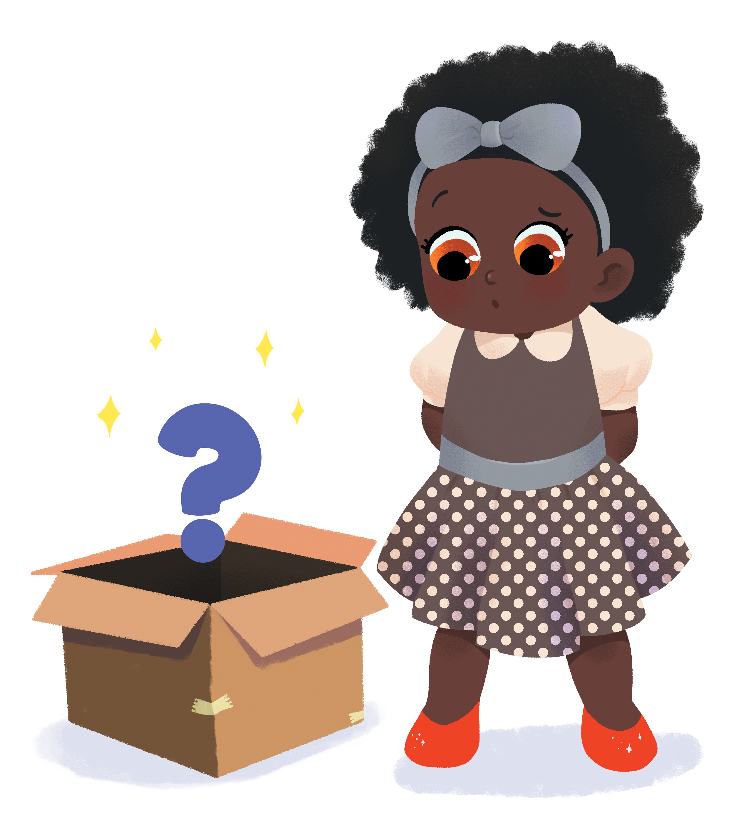 Menina negra sorridente com cabelo afro e laço na cabeça, usando vestido de bolinhas, olha curiosa para caixa com ponto de interrogação brilhante. Ela usa o mesmo vestido de bolinhas e laço na cabeça.