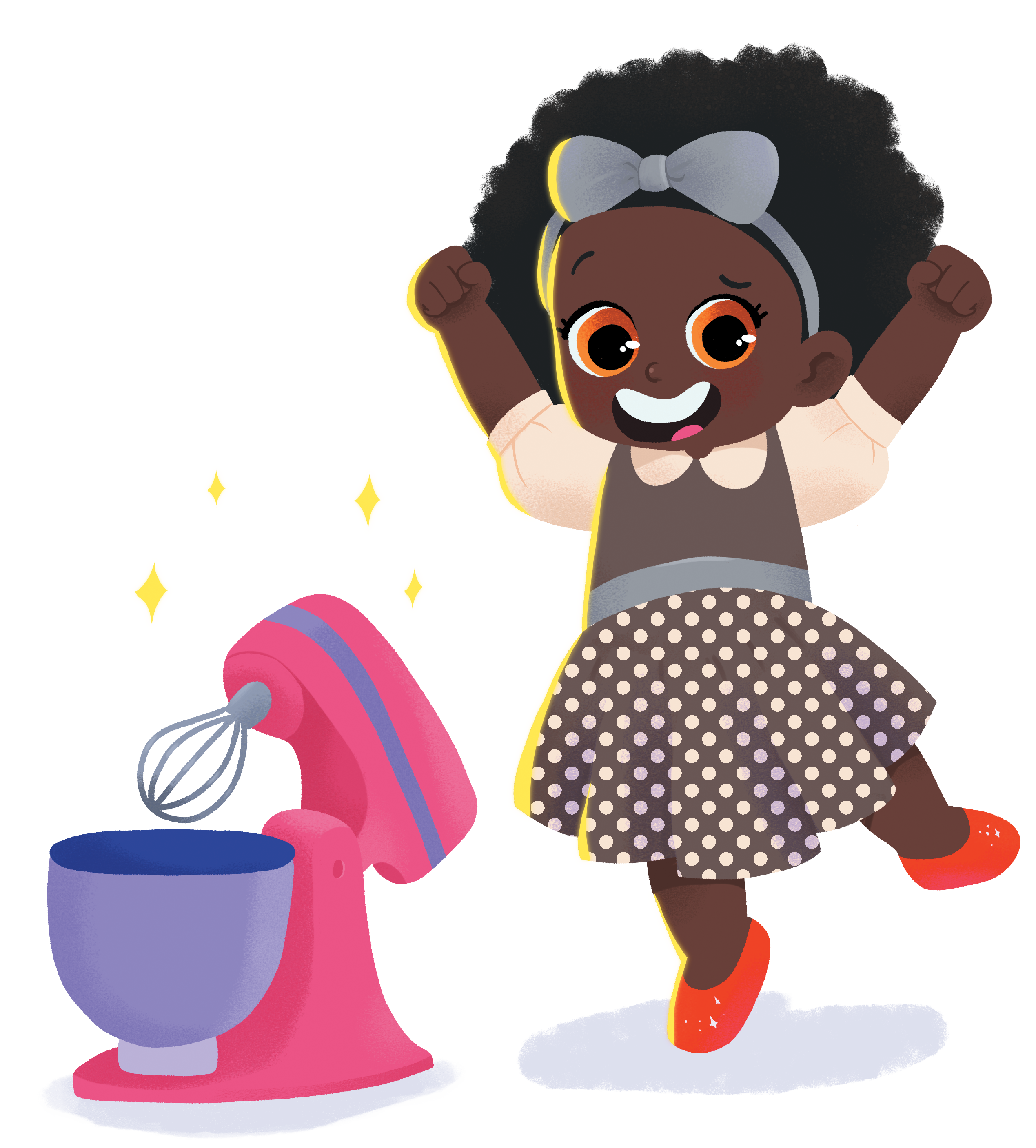 Mesma menina da imagagem anterior, comemora ao lado de batedeira rosa brilhante.